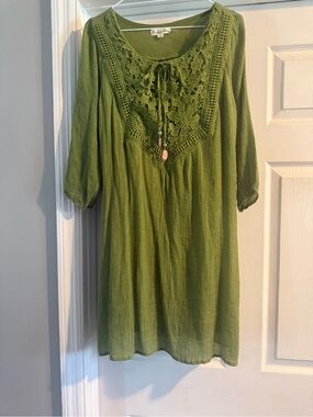 Indigo Rose Green Sheath Dress PL Petite 3/4 Sleeve Gauze Crochet Beaded Boho
